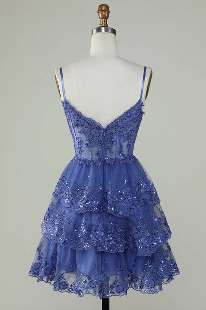 Spaghetti Straps Sparkly Tiered Corset Homecoming Dress