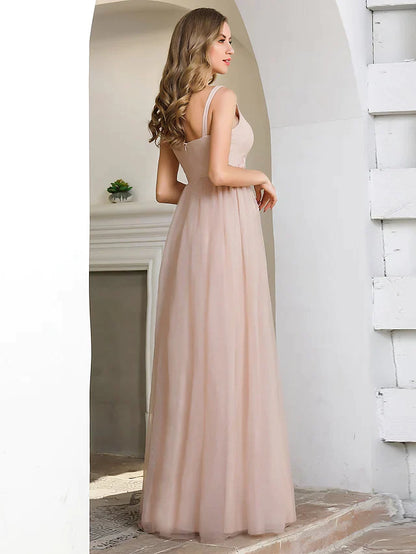 A-Line Plunging Neck Floor Length Tulle Bridesmaid Dress