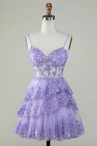 Spaghetti Straps Sparkly Tiered Corset Homecoming Dress