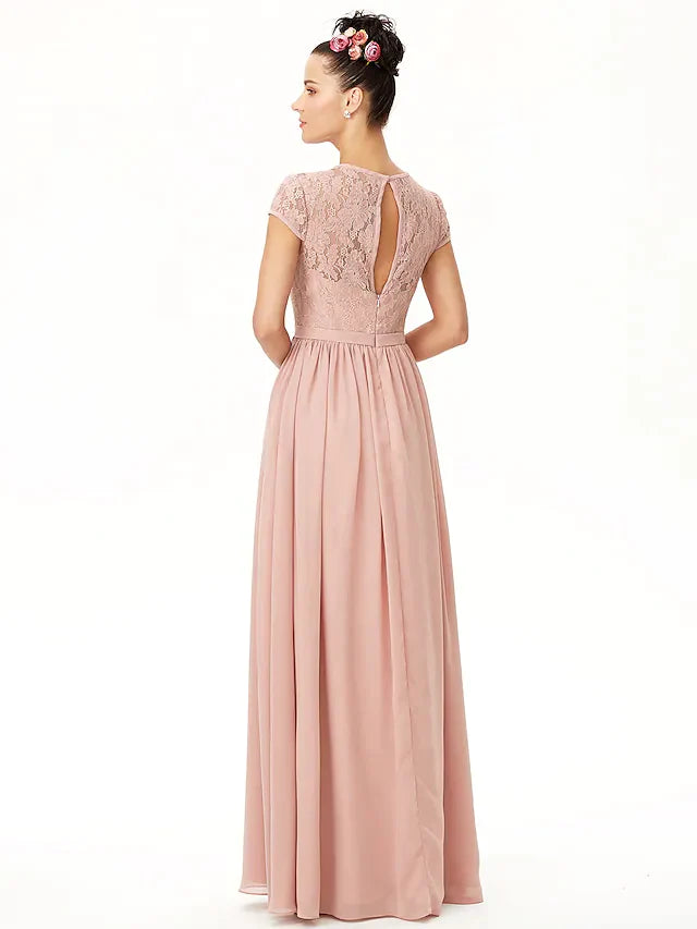 A-Line Jewel Neck Floor Length Chiffon Corded Lace Bridesmaid Dress with Sash Ribbon Bow(s) Pleats