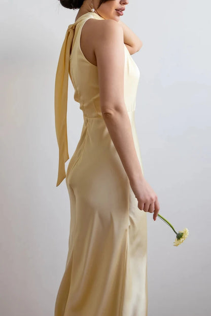 Yellow Satin Elegant Mermaid Halter Neck A-line Sleeveless Floor Length Prom Party Cocktail Dress