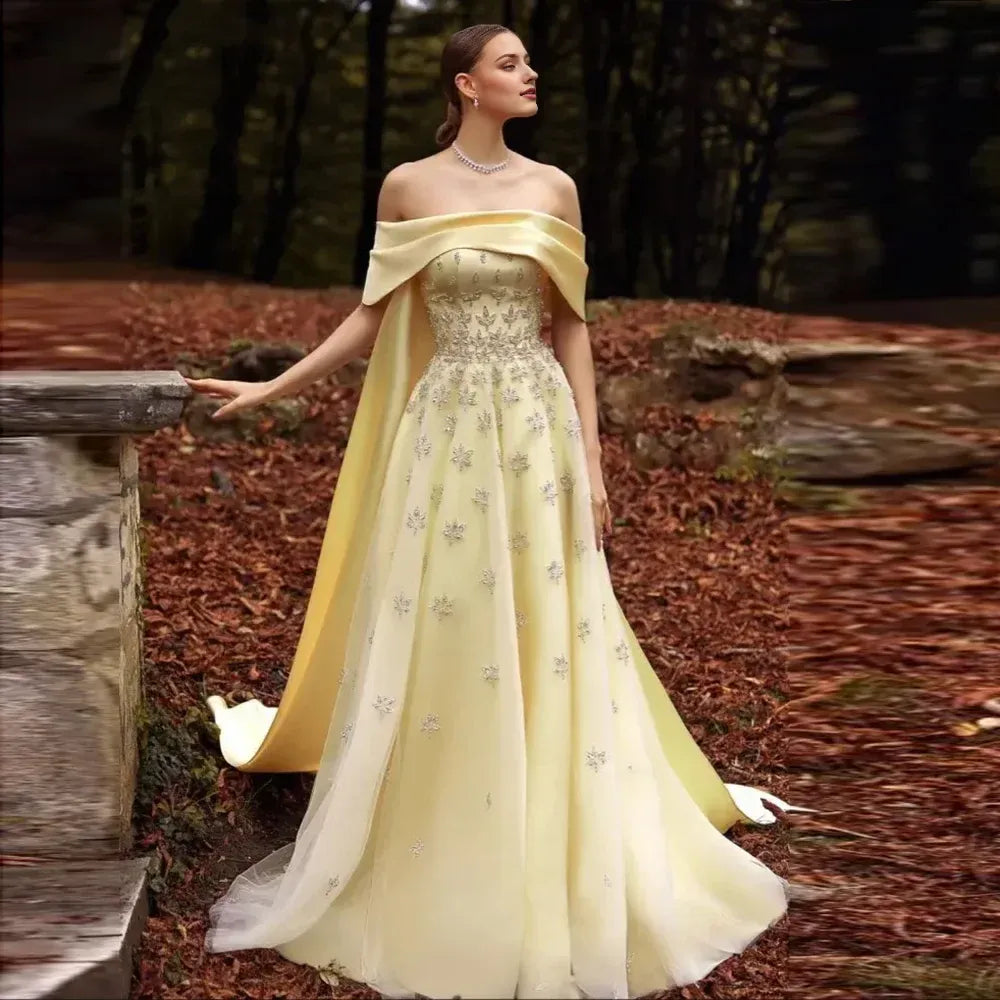 Yellow Satin Evening Gown Off-the-Shoulder With Train Sleeveless Prom Dress