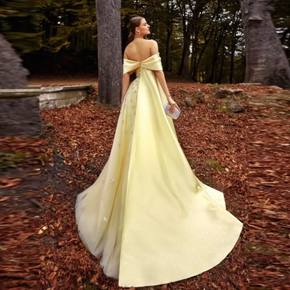 Yellow Satin Evening Gown Off-the-Shoulder With Train Sleeveless Prom Dress