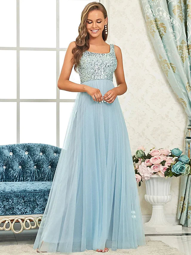 A-Line Spaghetti Strap Floor Length Tulle Sequined Bridesmaid Dress