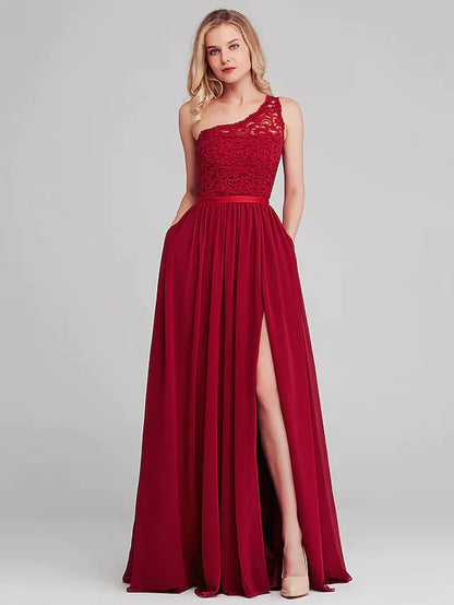 A-Line One Shoulder Long Length Chiffon Lace Bridesmaid Dress