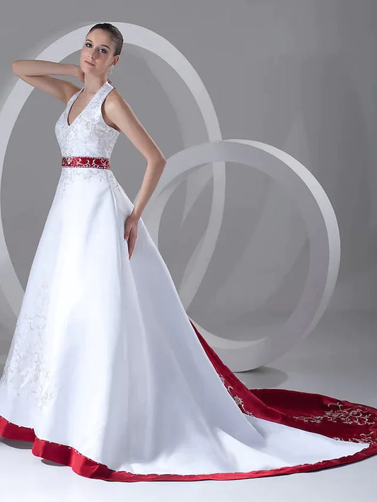 A-Line Wedding Dresses Halter Neck Chapel Train Satin Regular Straps with Sashes Ribbons Beading Embroidery