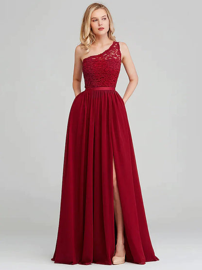 A-Line One Shoulder Long Length Chiffon Lace Bridesmaid Dress