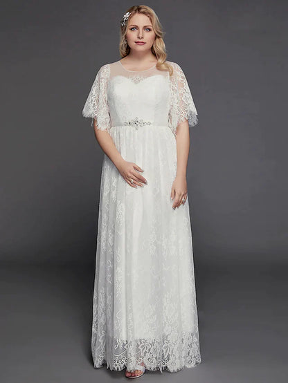 A-Line Wedding Dresses Illusion Neck Jewel Neck Floor Length Lace Tulle Half Sleeve Formal Boho Little White Dress See-Through with Beading Lace Insert