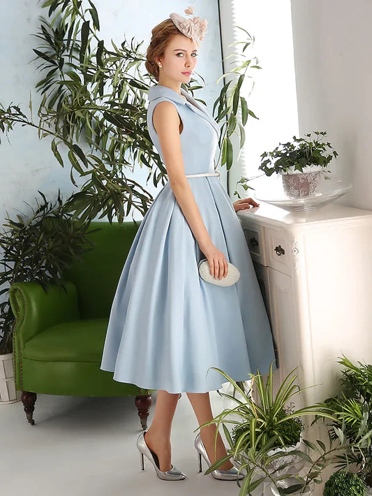 A-Line Elegant Vintage Inspired Cocktail Party Prom Dress V Neck Sleeveless Tea Length Spandex with Sash Ribbon