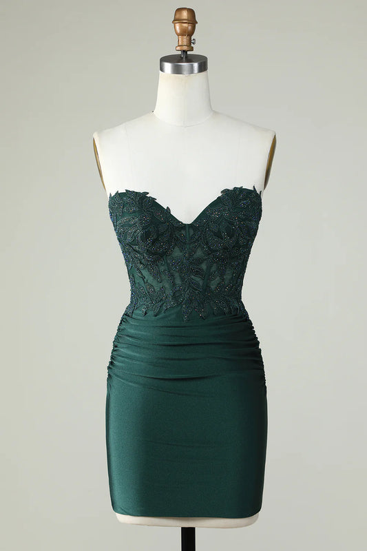 Strapless Corset Dark Green Homecoming Dress With Appliques