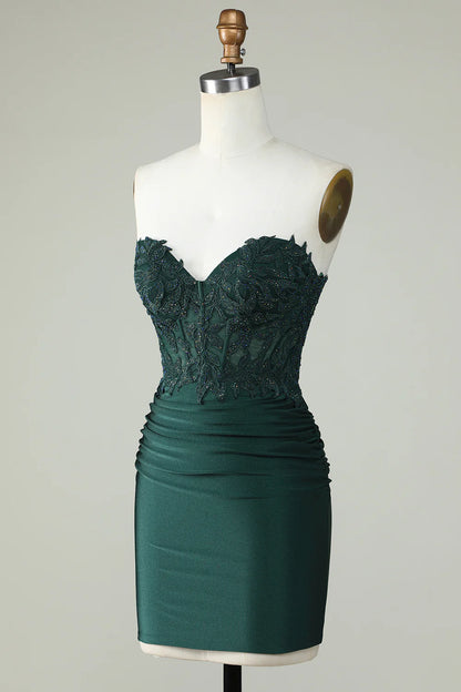 Strapless Corset Dark Green Homecoming Dress With Appliques