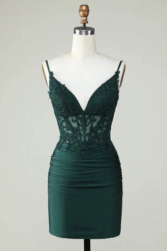 Dark Green Spaghetti Straps Corset Homecoming Dress With Appliques