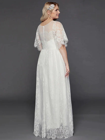 A-Line Wedding Dresses Illusion Neck Jewel Neck Floor Length Lace Tulle Half Sleeve Formal Boho Little White Dress See-Through with Beading Lace Insert