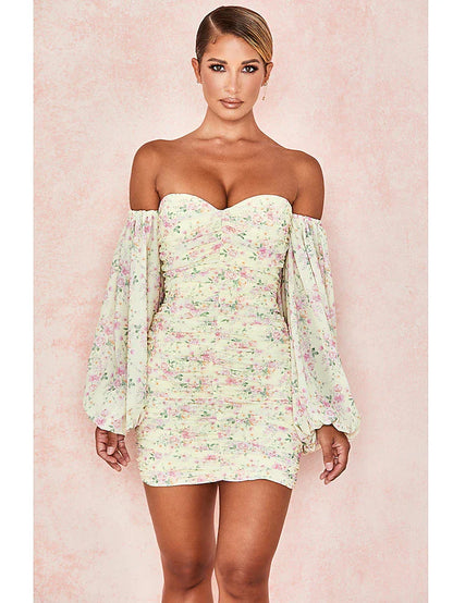 Sexy Floral Party Wear Cocktail Party Dress Off Shoulder Long Sleeve Short Mini Spandex