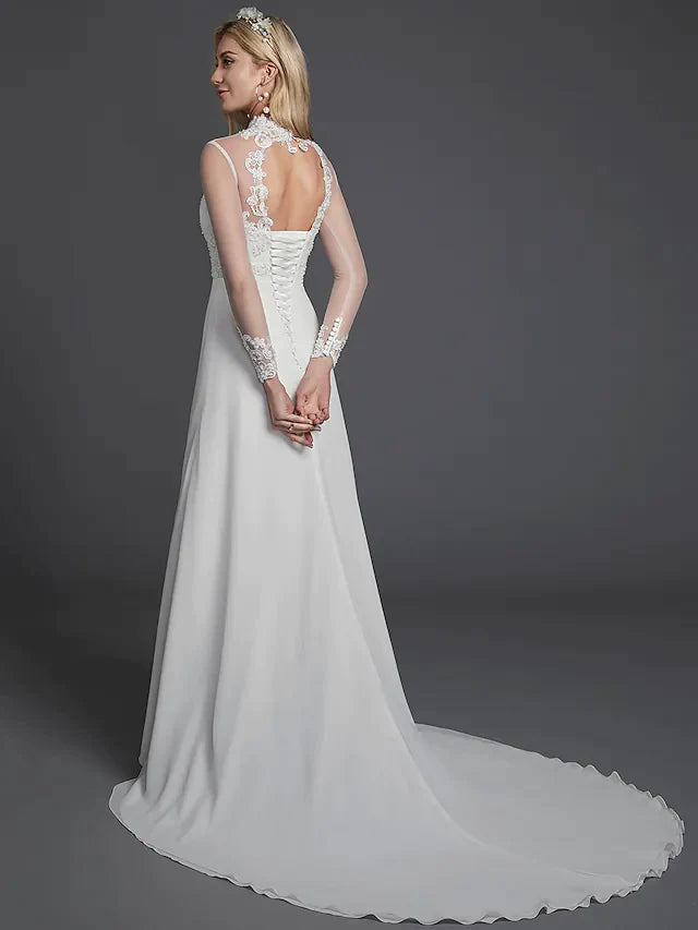 A-Line Wedding Dresses High Neck Court Train Chiffon Lace Long Sleeve Vintage Plus Size Backless with Lace Buttons