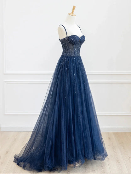 A-Line Spaghetti Strap Tulle Sequins Long Prom Dress