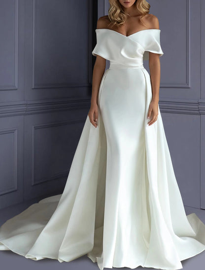 Beach Formal Wedding Dresses Mermaid / Trumpet Sweetheart Off Shoulder Sleeveless Sweep / Brush Train Satin Bridal Gowns