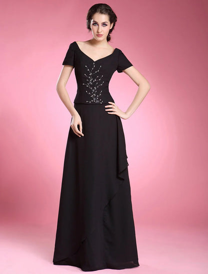 Evening Floor Length Short Sleeve V Neck Chiffon with Beading Ruffles