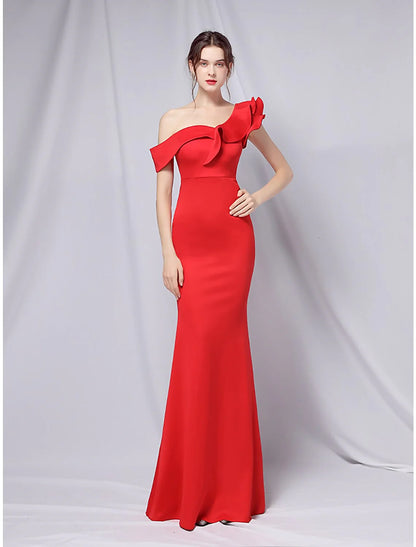 Evening Gown Empire Dress Wedding Guest Floor Length Short Sleeve One Shoulder Stretch Satin with Ruffles