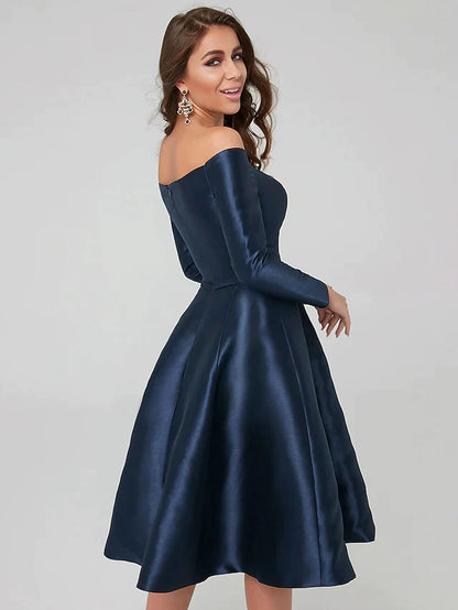 A-Line Special Occasion Dresses Party Dress Wedding Guest Knee Length Long Sleeve Off Shoulder Satin with Pleat