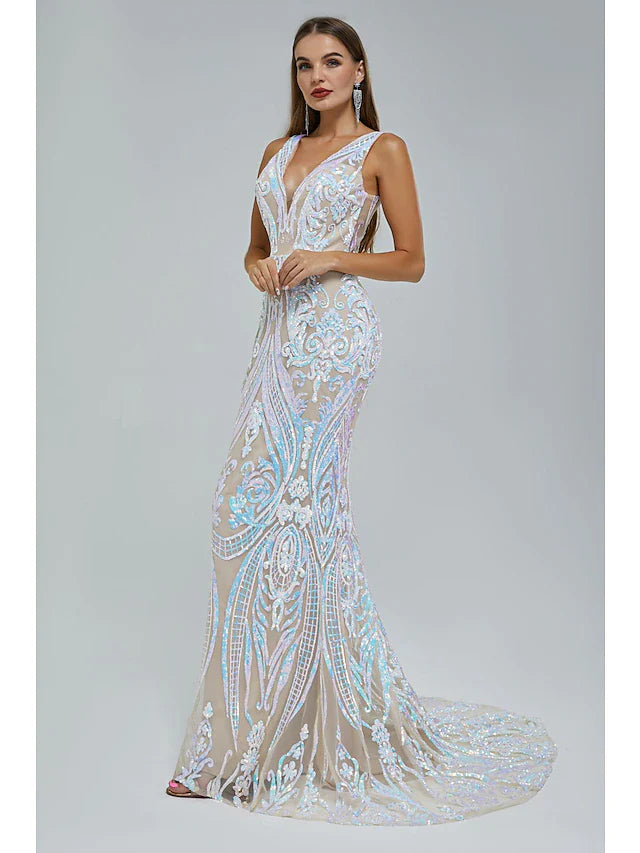 Evening Gown Elegant Dress Engagement Court Train Sleeveless V Neck Sequined