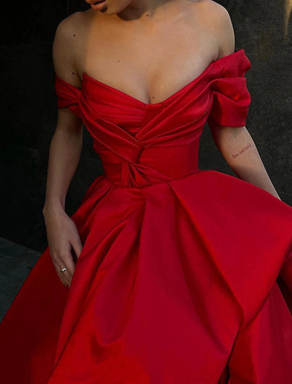 A-Line Evening Gown Party Dress Red Green Dress Masquerade Prom Sweep / Brush Train Sleeveless Off Shoulder Satin