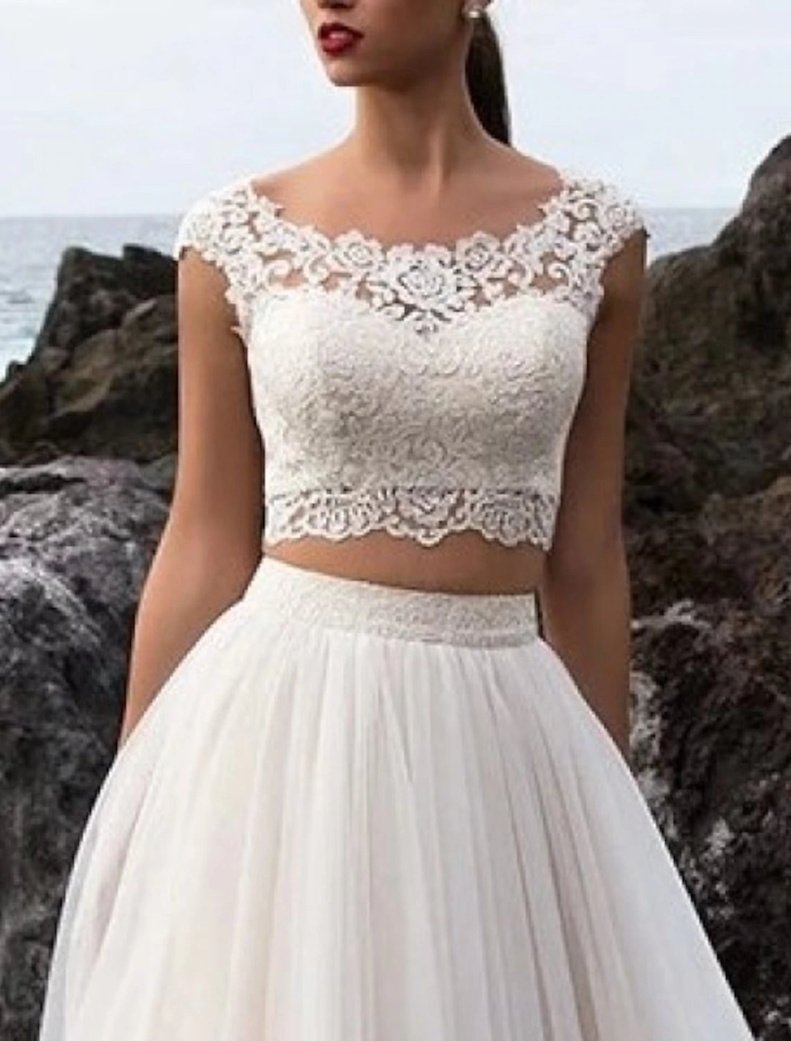 Hall Casual Wedding Dresses Separates Illusion Neck Cap Sleeve Separates Lace Bridal Tops Bridal Gowns