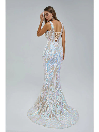 Evening Gown Elegant Dress Engagement Court Train Sleeveless V Neck Sequined