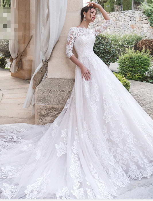 Engagement Formal Wedding Dresses Ball Gown Illusion Neck 3/4 Length Sleeve Court Train Lace Bridal Gowns With Appliques