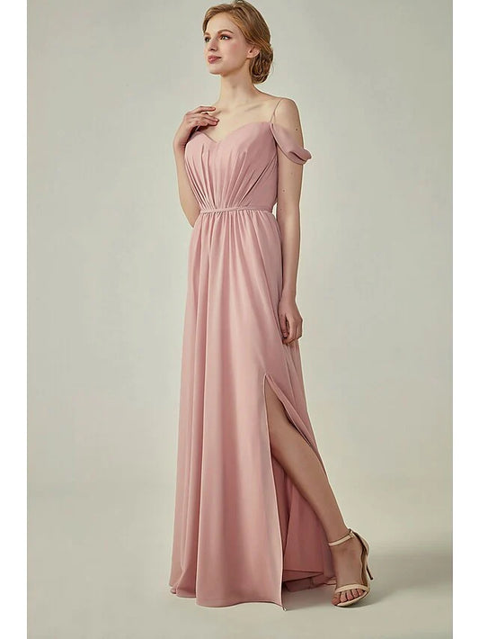 A-Line Bridesmaid Dress Spaghetti Strap Short Sleeve Furcal Floor Length Chiffon with Sash Ribbon Ruching