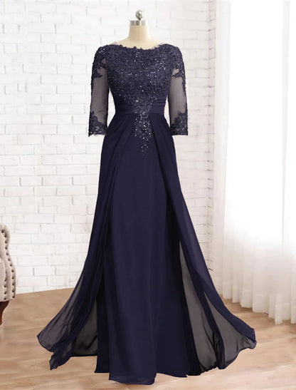 Sheath / Column Mother of the Bride Dress Formal Fall Wedding Guest Elegant Sequin Scoop Neck Floor Length Chiffon Lace 3/4 Sleeve with Appliques Sparkle & Shine