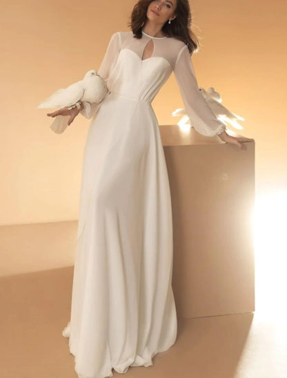 Hall Casual Wedding Dresses A-Line Illusion Neck Long Sleeve Floor Length Chiffon Bridal Gowns With