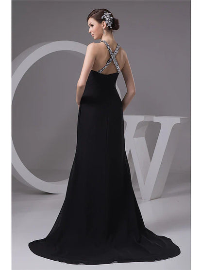 Evening Gown Sexy Dress Engagement Court Train Sleeveless Halter Chiffon with Beading Slit