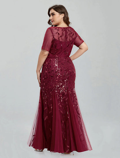 Evening Gown Empire Dress Homecoming Floor Length Short Sleeve Jewel Neck Tulle with Embroidery