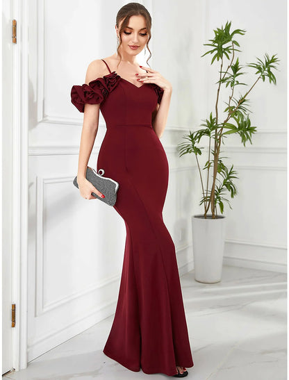 Evening Gown Vintage Dress Engagement Floor Length Sleeveless Off Shoulder Polyester with Ruffles