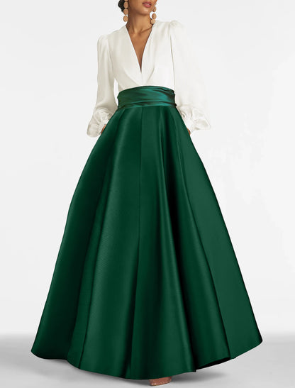 A-Line Evening Gown Elegant Wedding Guest Dress Formal Prom Floor Length Long Sleeve V Neck Satin