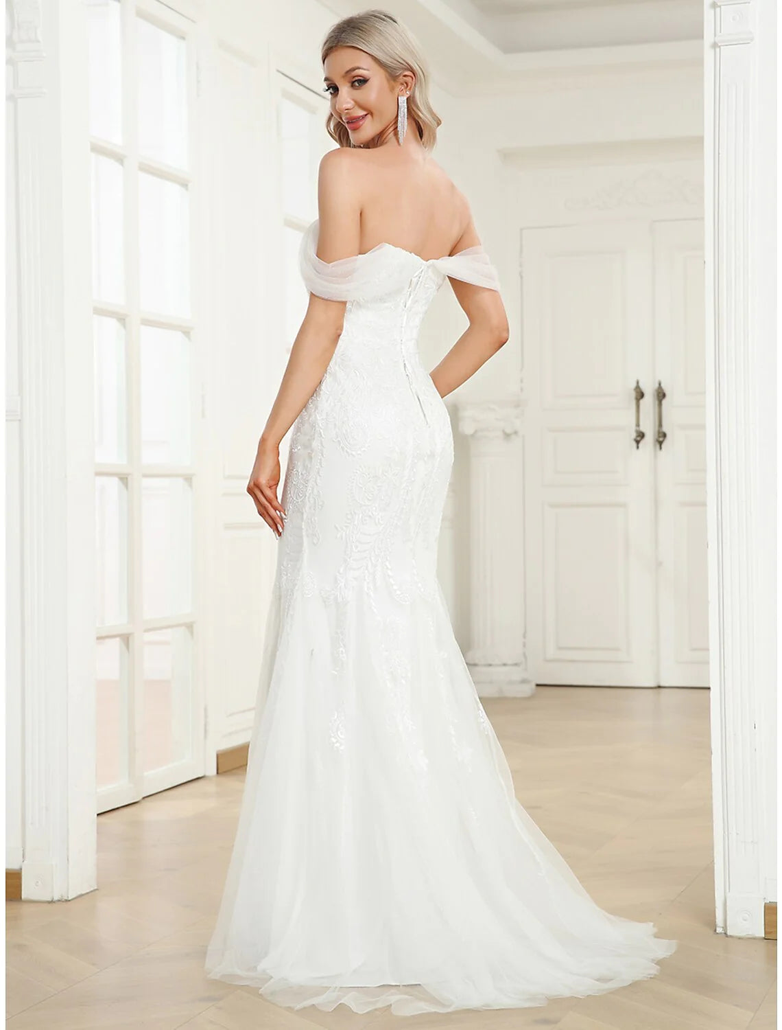 Reception Wedding Dresses Mermaid / Trumpet Off Shoulder Cap Sleeve Sweep / Brush Train Lace Bridal Gowns With Appliques