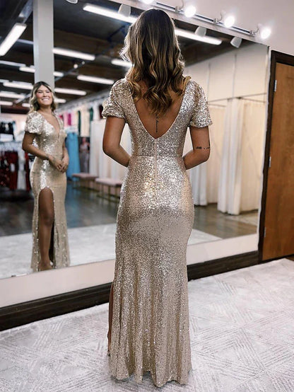 Evening Gown Sexy Dress Formal Floor Length Short Sleeve V Neck Sequined Backless with Sequin