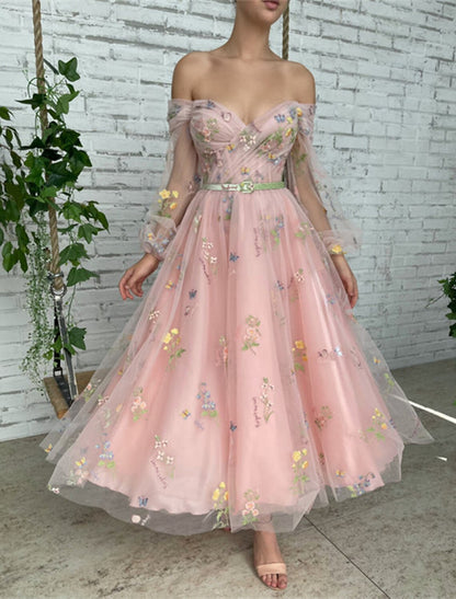 A-Line Prom Dresses Floral Dress Birthday Garden Party Ankle Length Long Sleeve Off Shoulder Fall Wedding Guest Lace