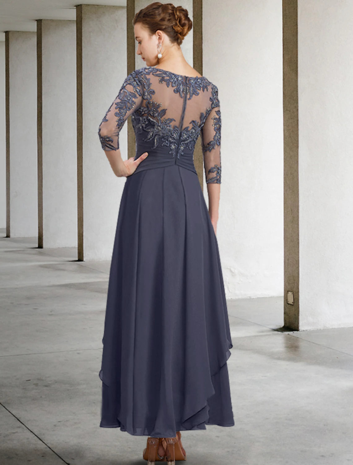 A-Line Mother of the Bride Dress Wedding Guest Elegant Plus Size Jewel Neck Ankle Length Chiffon Lace 3/4 Length Sleeve