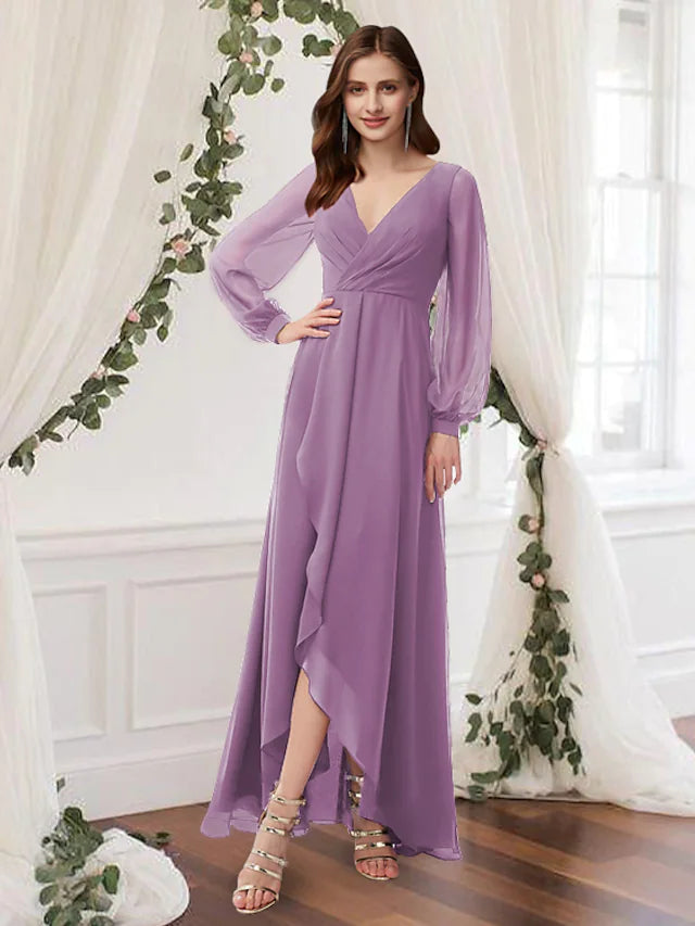 A-Line Bridesmaid Dress  Long Sleeve Elegant Floor Length Chiffon with Pleats