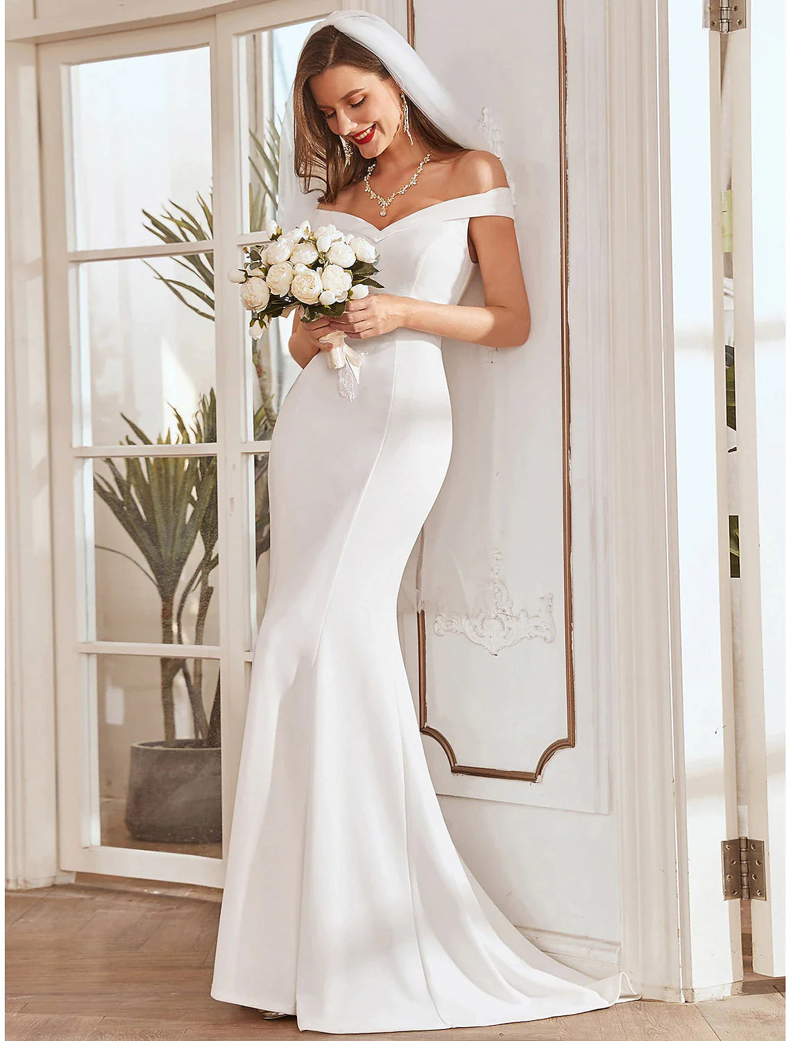 Reception Casual Wedding Dresses Mermaid / Trumpet Off Shoulder Cap Sleeve Sweep / Brush Train Bridal Gowns With Pleats Draping