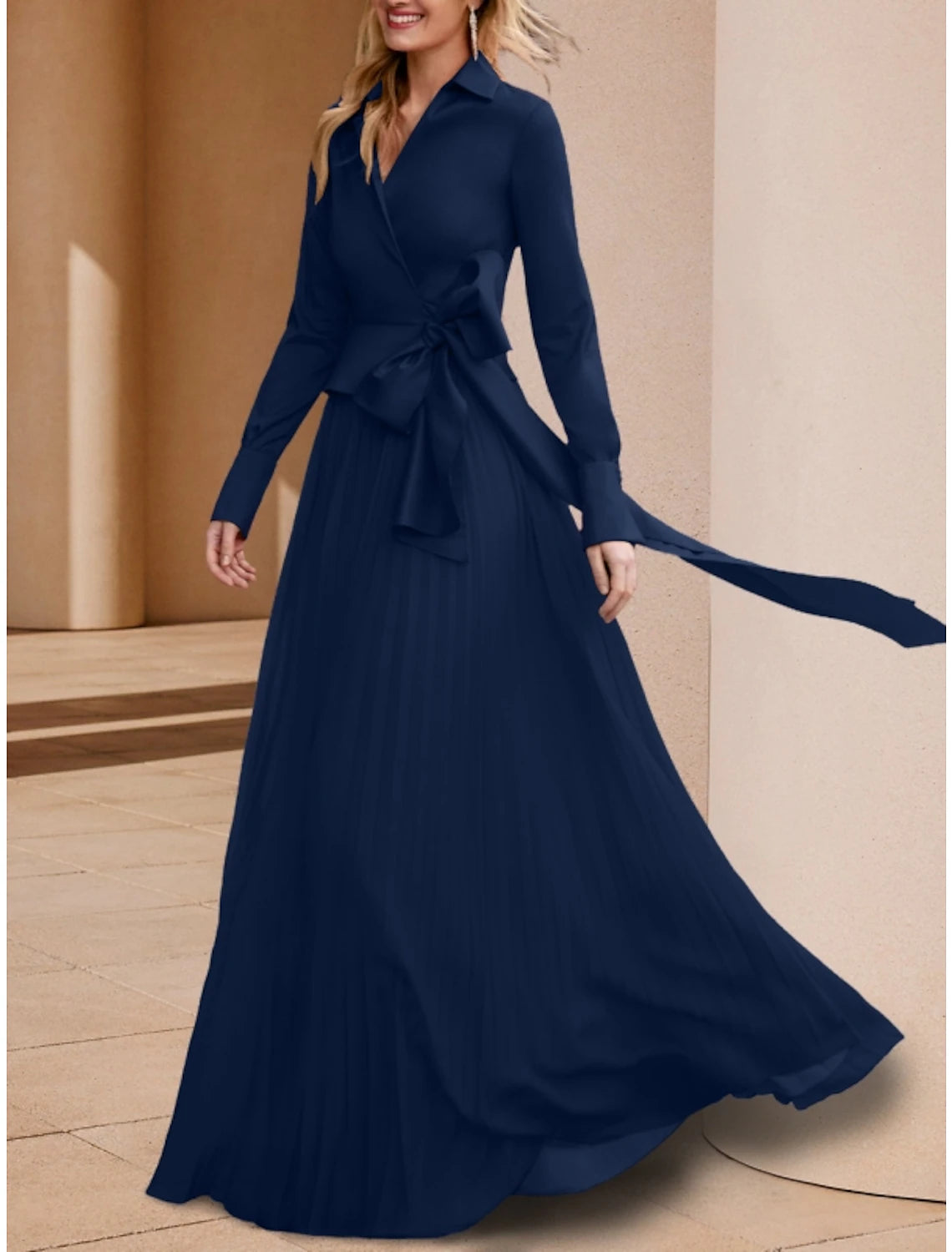 A-Line Mother of the Bride Dress Wedding Guest Elegant V Neck Floor Length Stretch Chiffon Long Sleeve