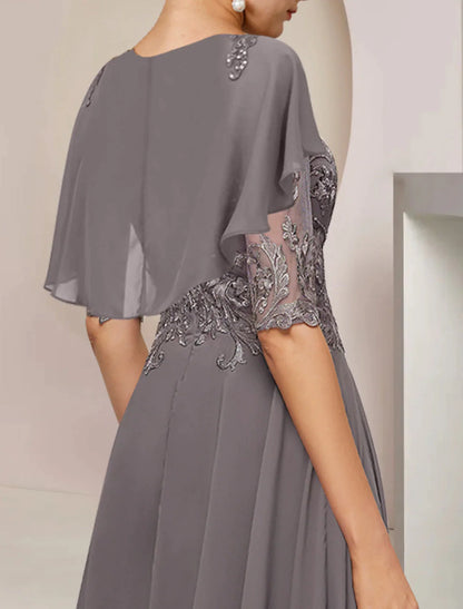 A-Line Mother of the Bride Dress Formal Fall Wedding Guest Elegant Scoop Neck Asymmetrical Tea Length Chiffon Lace Half Sleeve with Beading Appliques