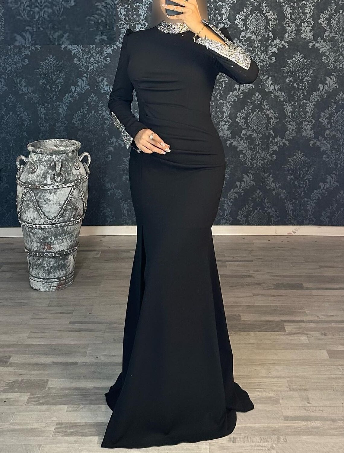 Mermaid / Trumpet Evening Gown Elegant Dress Formal Wedding Guest Floor Length Long Sleeve High Neck Black Dress