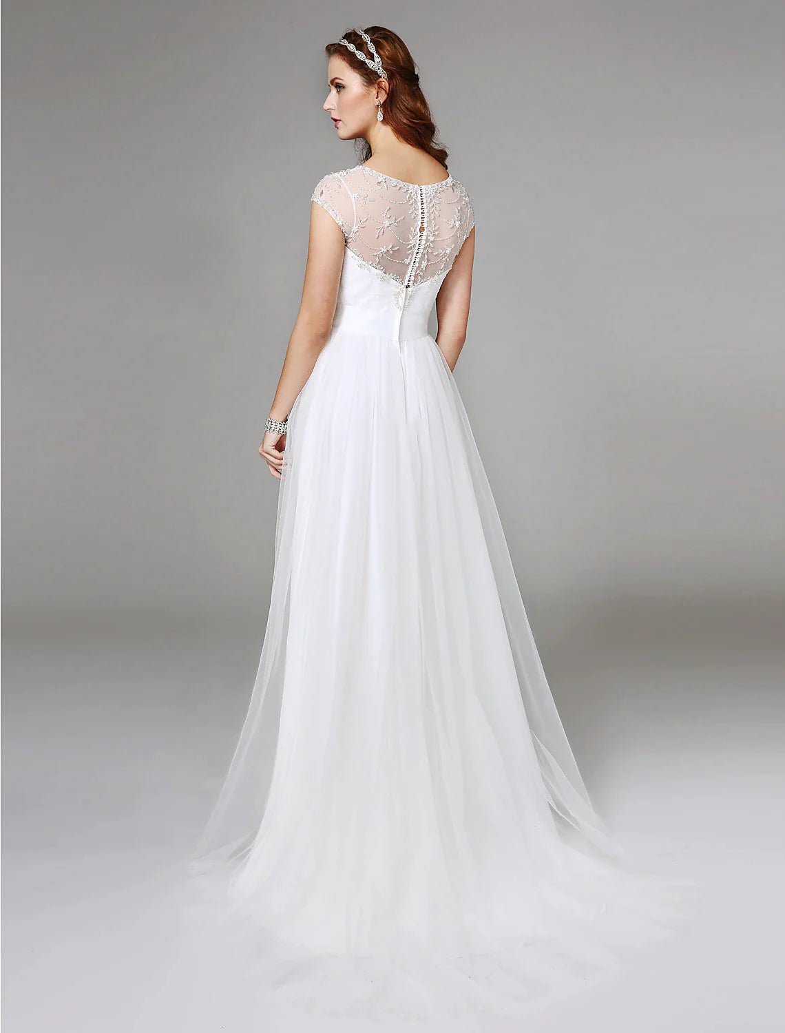 A-Line Illusion Neck Sweep / Brush Train Tulle Made-To-Measure Wedding Dresses with Beading / Lace