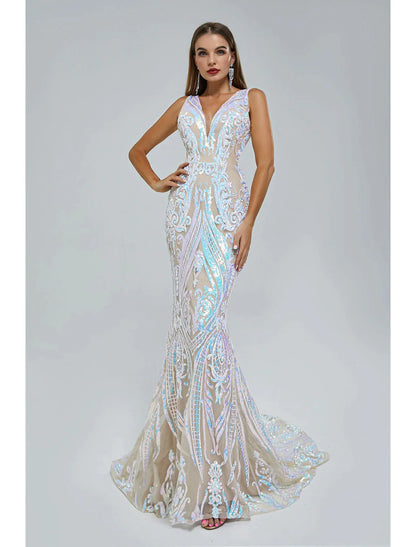 Mermaid / Trumpet Evening Gown Sparkle & Shine Dress Wedding Guest Engagement Court Train Sleeveless V Neck Sequined with Sequin