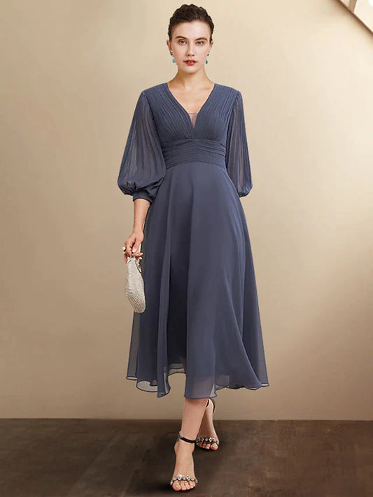 A-Line Mother of the Bride Dress Plus Size Elegant V Neck Tea Length Chiffon 3/4 Length Sleeve with Pleats Ruched