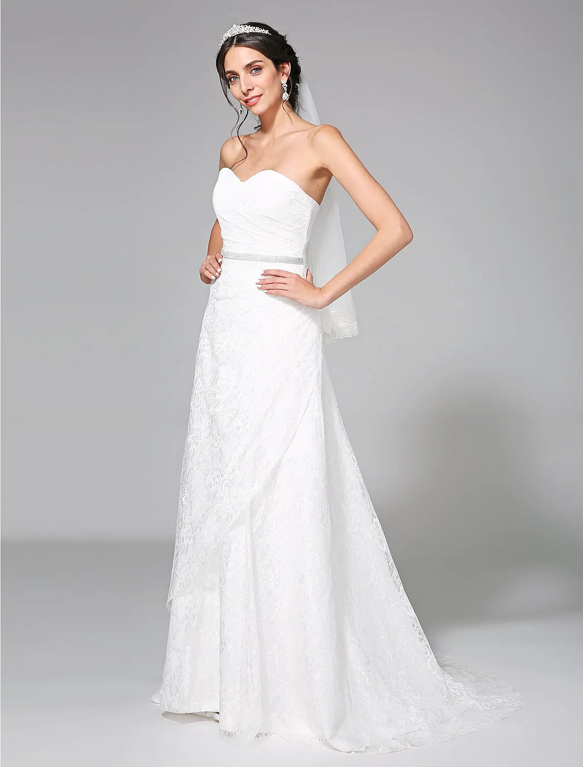 Wedding Dresses A-Line Sweetheart Sleeveless Sweep / Brush Train Lace Bridal Gowns With Sash / Ribbon Side-Draped