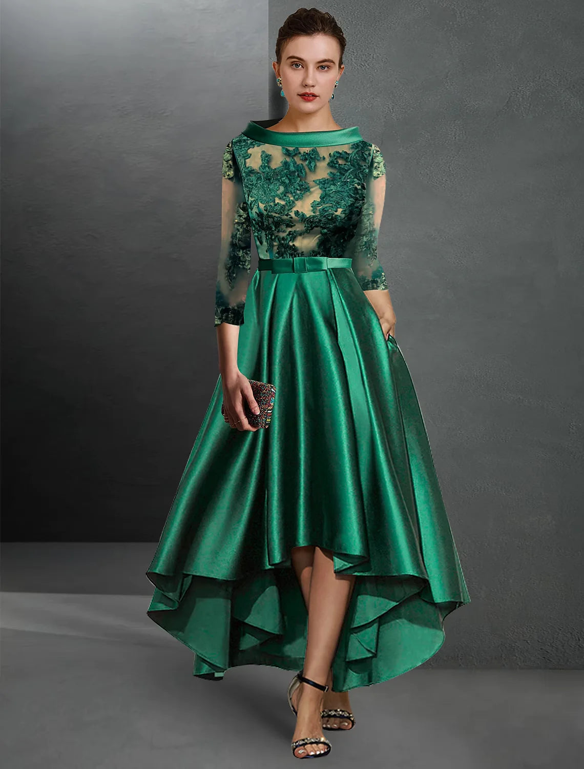 A-Line Cocktail Dresses Elegant Dress Formal Asymmetrical 3/4 Length Sleeve Jewel Neck Satin with Pleats Appliques